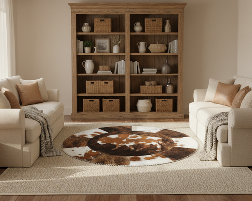 A round western rug with a cowhide pattern and a bison silhouette in the center, featuring flat stitching.