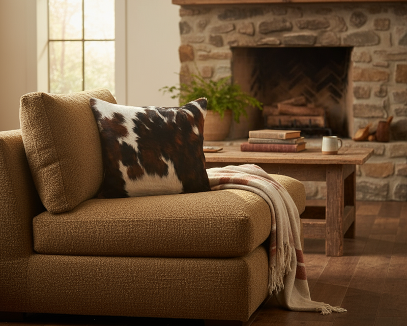 Cozy living room with brown sofa, stone fireplace, and wooden coffee table.