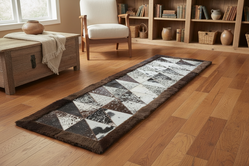 Rectangle Patchwork Runner - Cowhide Center, Bison Edge- 2'x6, Black Speckled