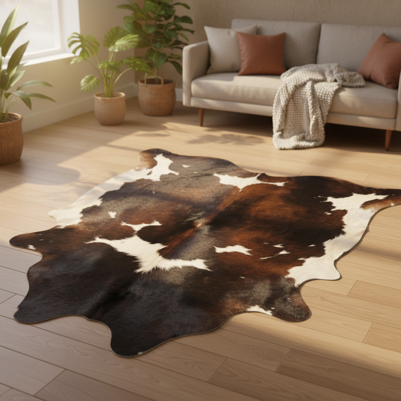 Cowhide rug on a wooden floor with a couch and plants in the background
