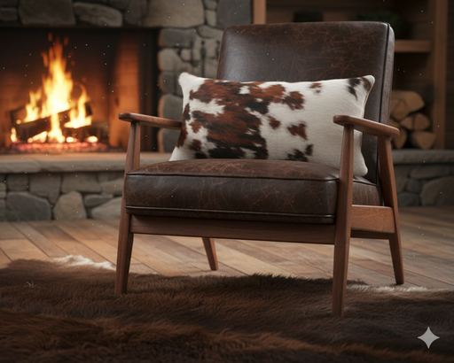 Brown leather armchair with a cowhide pillow in front of a stone fireplace.